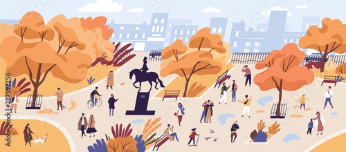 People walking in autumn park flat vector illustration. Citizens strolling in city center recreational area. Fall season nature and outdoor activities. Orange trees and building on horizon landscape.