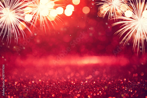 Canvas Print Abstract background holiday, Red and gold Fireworks and bokeh in New Year eve and copy space