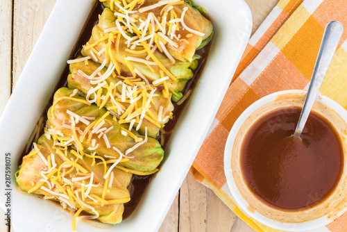 Homemade cabbage leaf chicken enchiladas.