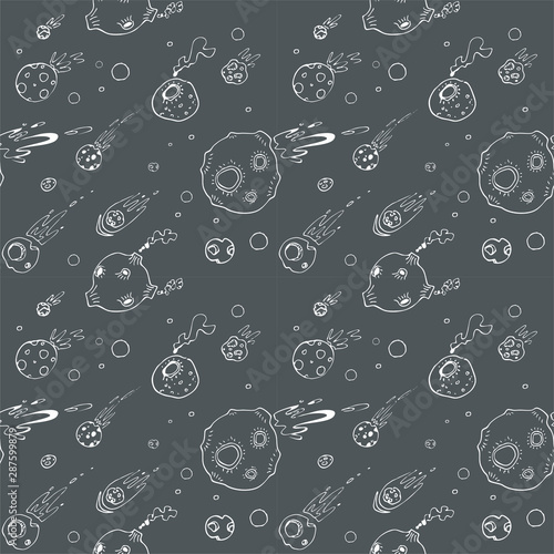 Meteor shower, asteroids and planets. Cartoon and doodle style. Seamless pattern