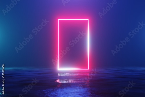 Glowing neon red rectangle, portal, gate. Fantastic scene. 3d rendering photo