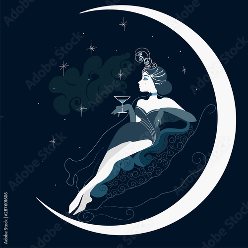 Graphic silhouette of a art deco woman. Flat style illustration. Fashion luxury.