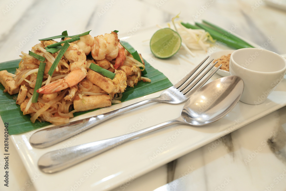 Pad Thai, Thai style stir-fried rice noodles with fresh shrimp. Thailand's traditional dishes.