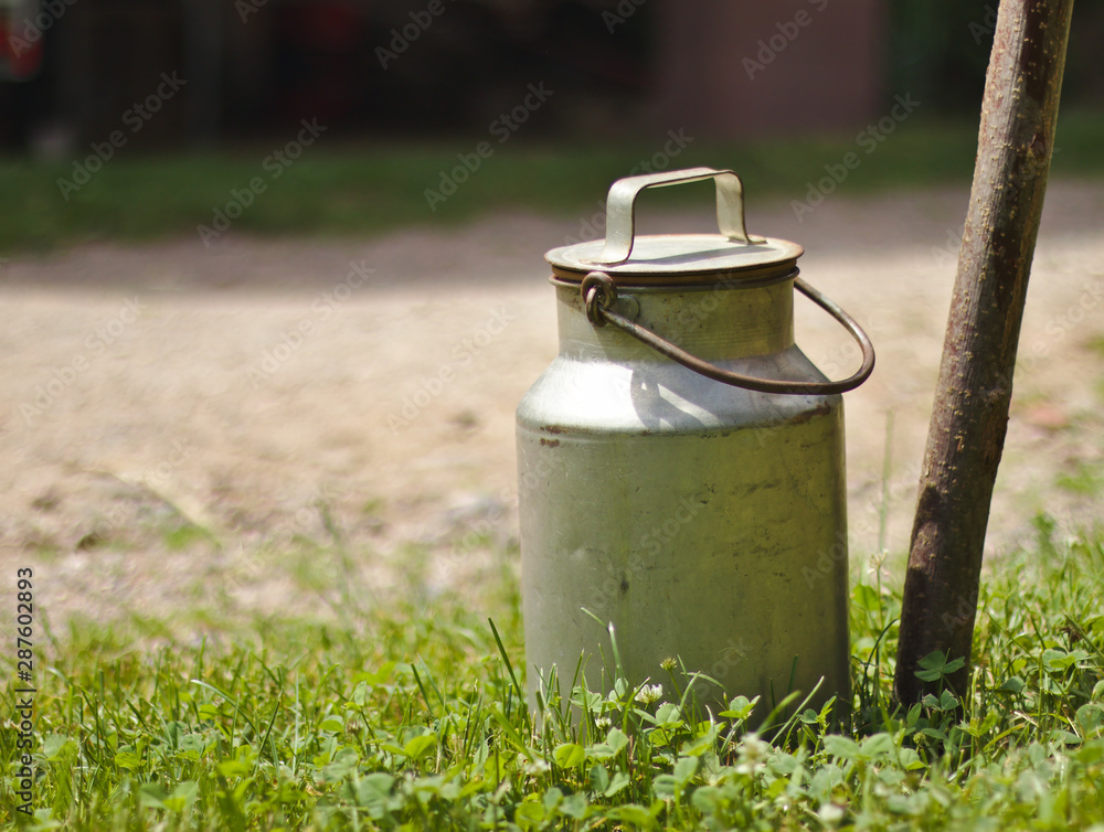 An old milk churn standing outside on the grass next to a stick An old milk churn standing outside on the grass next to a stick