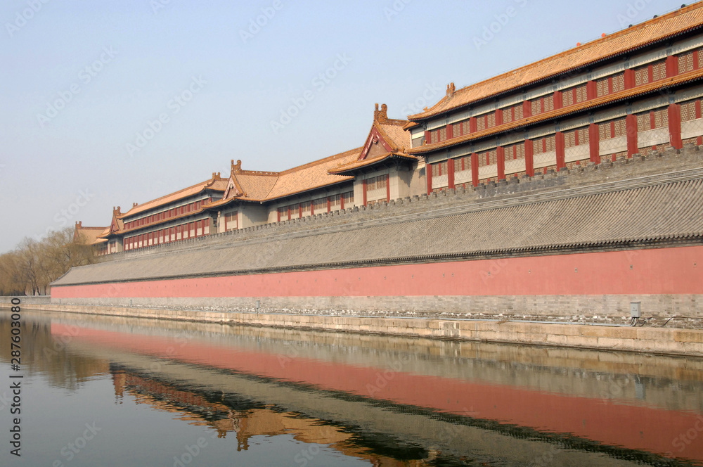 Forbidden City, Beijing, China. Walls and moat as seen from outside the Forbidden City. The Forbidden City has traditional Chinese architecture. The Forbidden City is also the Palace Museum, Beijing.