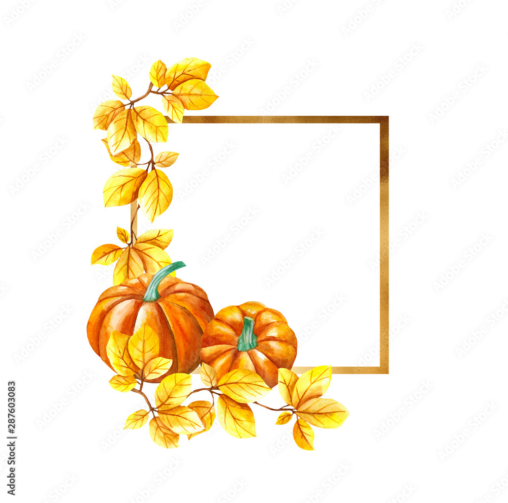 Fototapeta premium Watercolor autumn frame. Wreath made of hand drawn autumn leaves and flowers. Greeting card or Invitation.Gold texture frame
