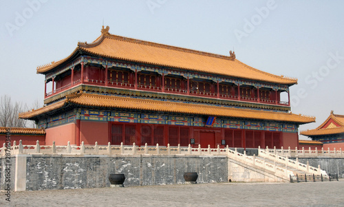 Forbidden City, Beijing, China. The sign says Hong Yi Ge: Pavilion of Spreading Righteousness. The Forbidden City has traditional Chinese architecture. The Forbidden City is the Palace Museum, Beijing