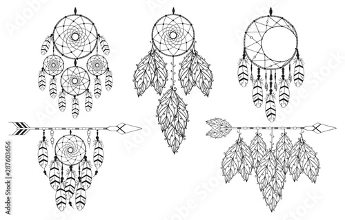Hand drawn unique vintage dream catcher collection in boho style. Scandinavian background. Magic tribal indian tattoo. Traditional aztec print. 
