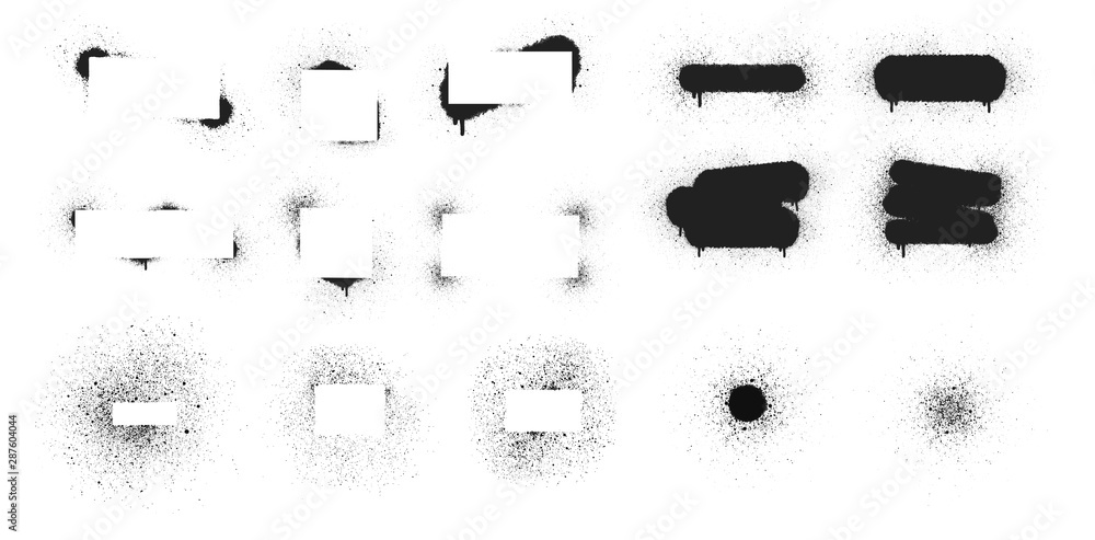 Fototapeta premium Set of hand drawn spray paint frames and text banners. Airbrush ink dot box. Grunge background. Vector isolated illustration.
