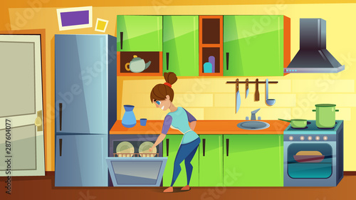 Woman Load Dirty Dishes in Dishwasher on Kitchen