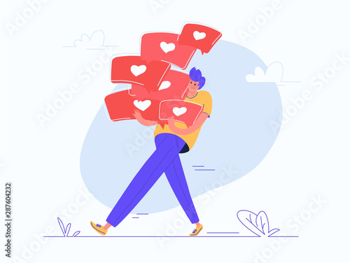Young man carrying heavy speech bubbles with heart symbols of social media. Flat modern concept vector illustration of online networking. Casual design on white background