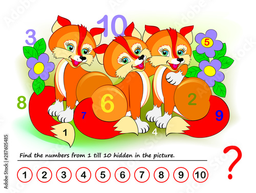 Logical puzzle game for kids. Math exercise for little children. Find hidden numbers from 1 till 10. Developing counting skills. IQ training test. Printable worksheet for textbook. Back to school.