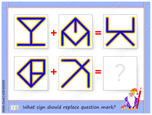 Mathematical logic puzzle game for children and adults. What sign should replace question mark? Draw him. Printable page for brain teaser book. Developing spatial thinking skills. IQ training test.
