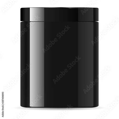 Black Jar. Cream Container. Cosmetic Jar Mockup. Glossy plastic Packaging. Black Medicine Supplement Bottle 3d Vector Isolated on White Background. Gloss Glass Package for Powder, Wax. Protein Mock Up