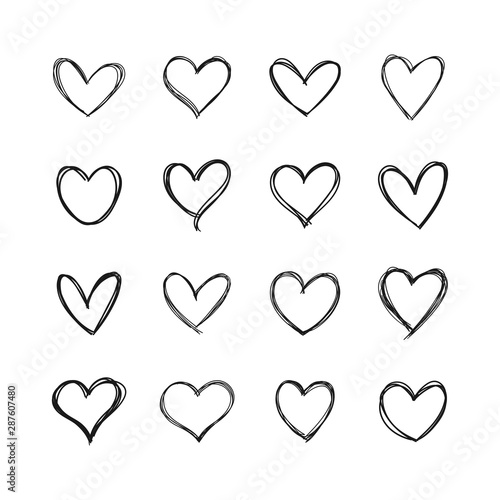 Hand drawn hearts. Linear heart doodles collection.