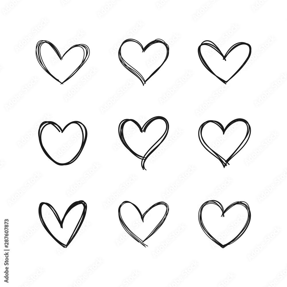 Hand drawn hearts. Linear heart doodles collection.