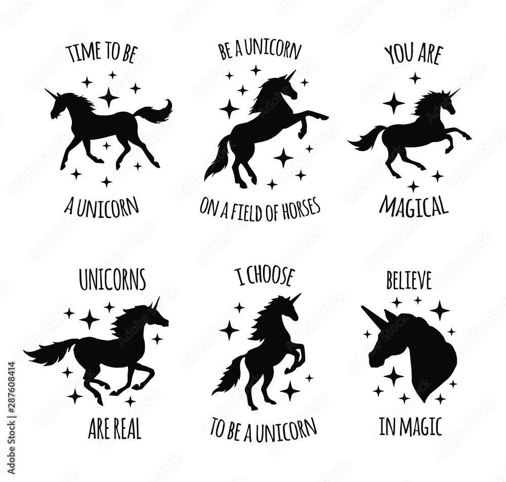 Vector set bundle of black unicorn silhouette quotes isolated on white background
