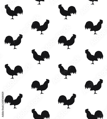 Vector seamless pattern of black rooster silhouette isolated on white background 