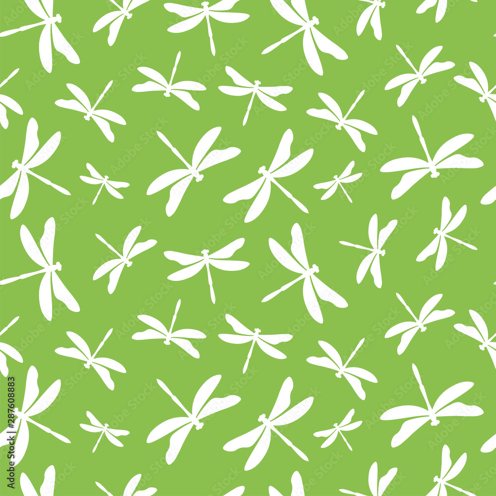 Green seamless pattern with white dragonflies Green seamless pattern with white dragonflies