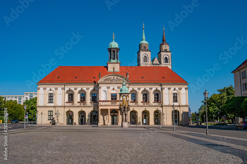 Fototapeta Panoramic view at City Hall (Rathaus), Golden Equestrian statue of Magdeburger R