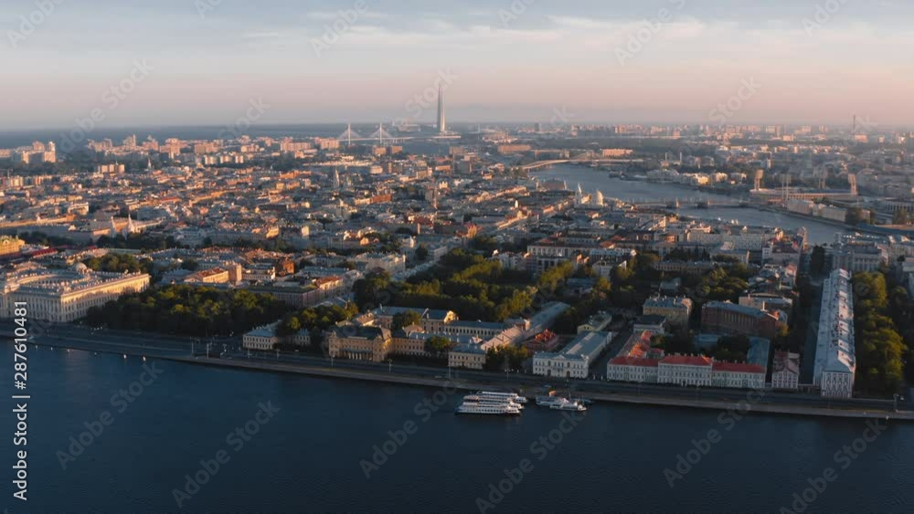Morning aerial view of Neva River, Vasilyevsky Island and lakhta skyscraper in Saint Petersburg, Russia Morning aerial view of Neva River, Vasilyevsky Island and lakhta skyscraper in Saint Petersburg, Russia