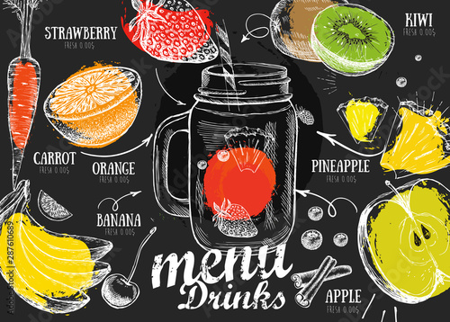 Juice menu, hand drawn. Smoothie. Restaurant cafe menu, template design. Food flyer.