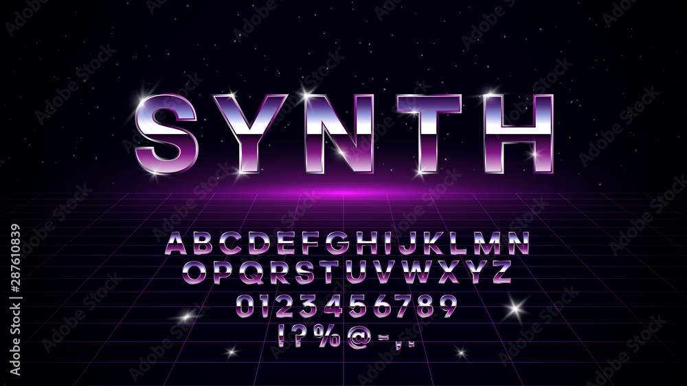 Retrowave synthwave vaporwave font in 1980s style. Retrowave design letters, numbers, symbols and set of lens flare on dark background with laser grid in starry space. Eps 10
