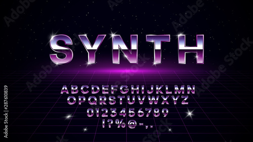 Obraz na płótnie Retrowave synthwave vaporwave font in 1980s style. Retrowave design letters, numbers, symbols and set of lens flare on dark background with laser grid in starry space. Eps 10 w salonie