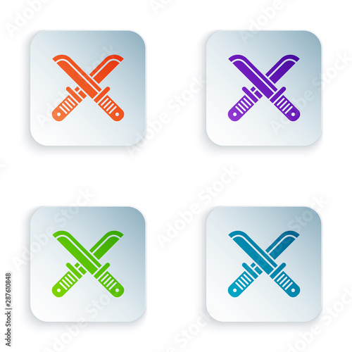 Color Crossed hunter knife icon isolated on white background. Army knife. Set icons in colorful square buttons. Vector Illustration