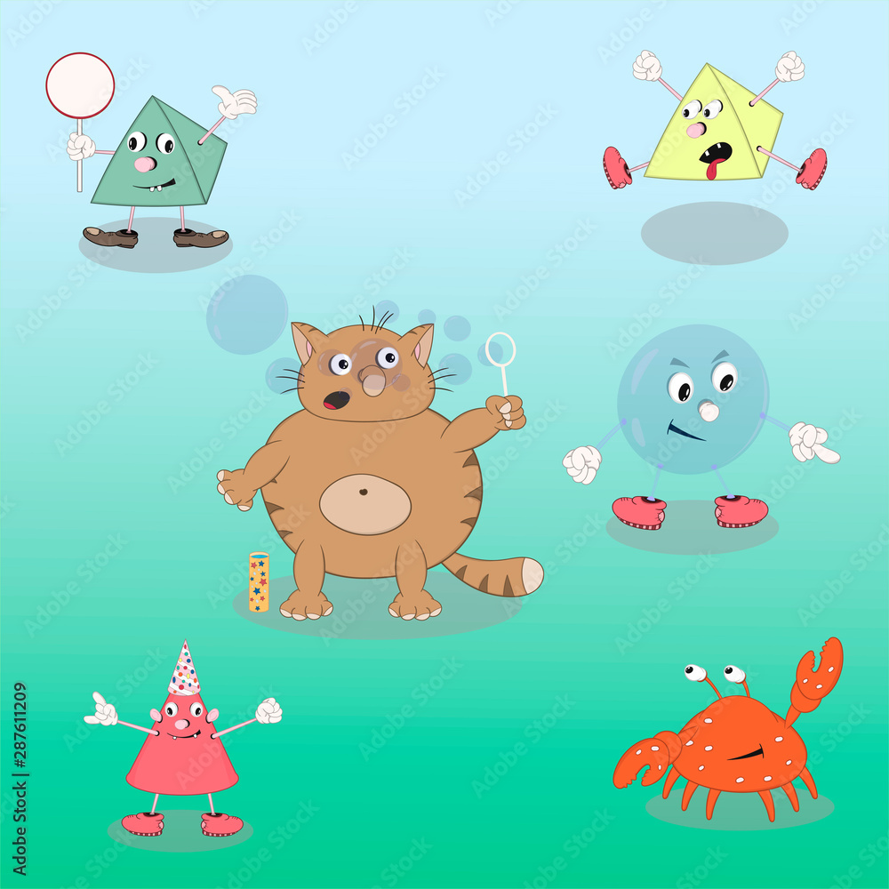 Fototapeta premium Set of vector cartoon characters cone, pyramid, cat, crab and bubble on a colored mint background for design of cards, calendars, posters.