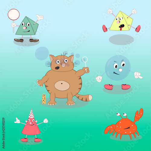 Set of vector cartoon characters cone, pyramid, cat, crab and bubble on a colored mint background for design of cards, calendars, posters.