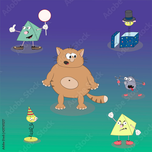Set of vector cartoon characters pyramid, cat and spring on a colored background for the design of cards, calendars, posters.