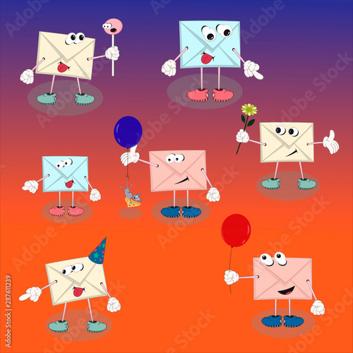 set of vector cartoon characters envelope with eyes on an orange background for design