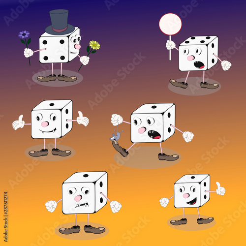 set of vector cartoon characters dice cube shows different emotions on a colorful background.