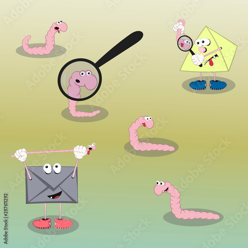 set of vector cartoon characters worm, pyramid and envelope show different emotions on a colorful background.