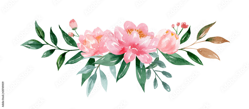 Pink Peony Flower, green leaves. Illustration for greeting card or invitation design, Wedding, save the date, thank you. Handdraw watercolor style.