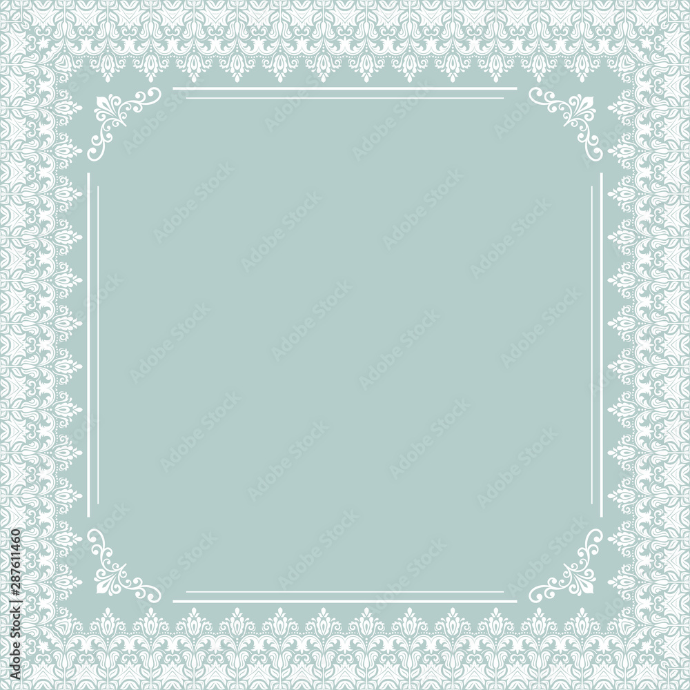 Classic vector square frame with arabesques and orient elements. Abstract light blue and white ornament with place for text. Vintage pattern