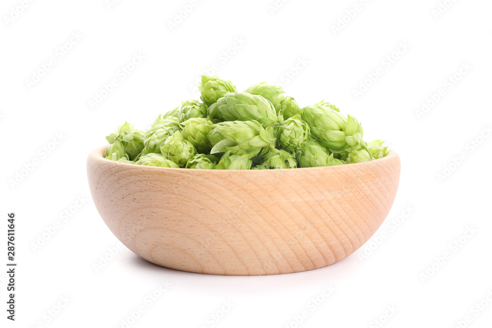 Wooden bowl with hop cones isolated on white background Wooden bowl with hop cones isolated on white background
