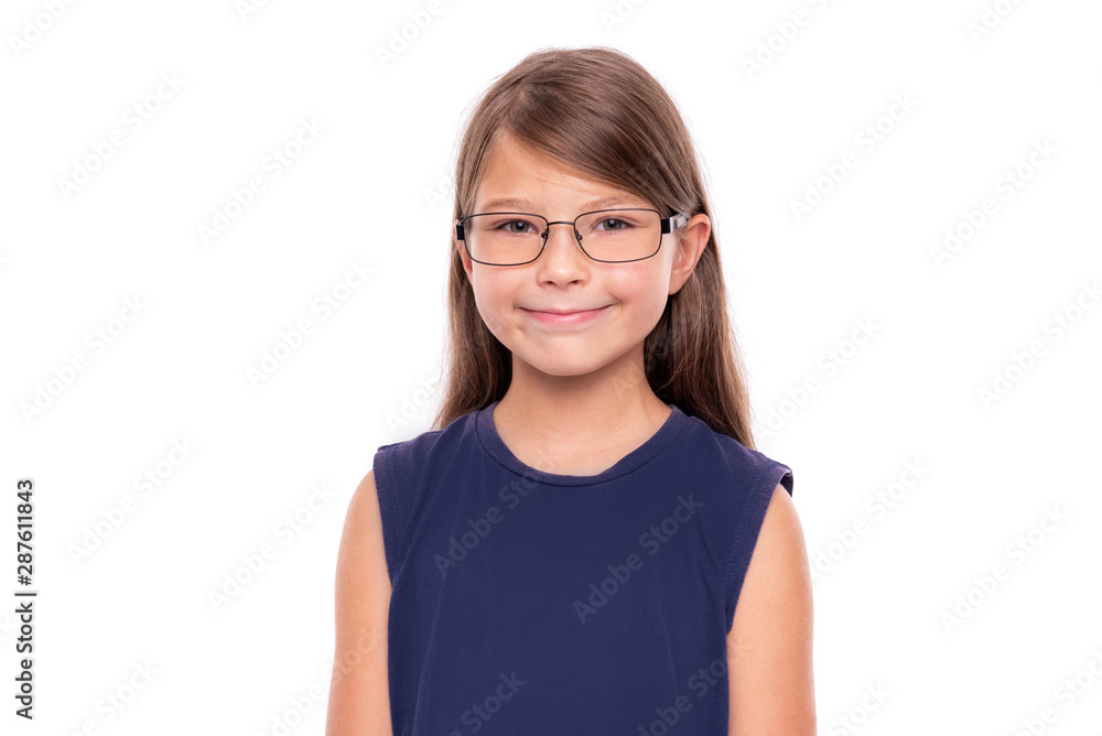 Portrait of a little girl with glasses isolated on a white backgroud.