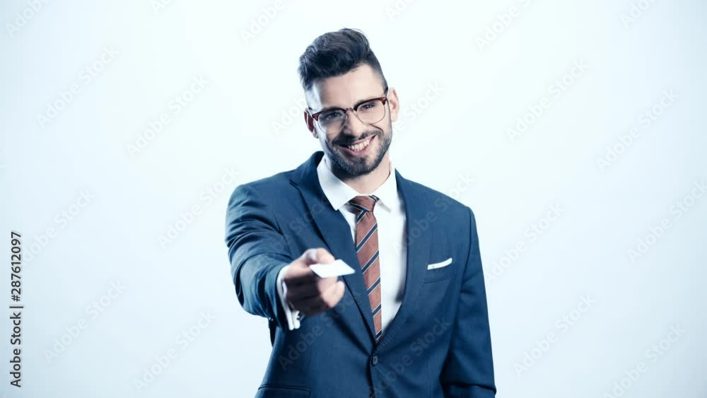 happy businessman taking card on white happy businessman taking card on white