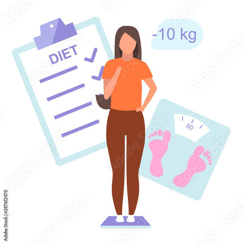 Diet plan and result flat vector illustration. Young woman controlling weight standing on scales. Slim girl happy about body mass loss isolated cartoon character on white background
