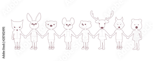 Eight children holding hands, with animal heads, isolated on white background
