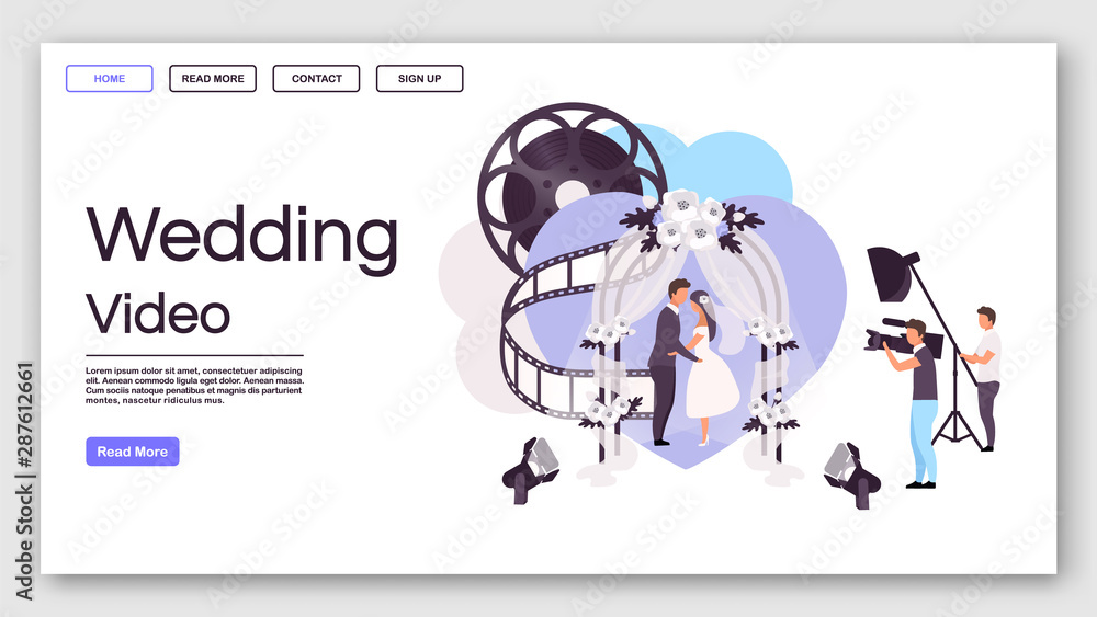 Wedding video landing page vector template. Videography website interface idea with flat illustrations. Personal events celebration photoshoot homepage layout. Web banner, webpage cartoon concept Wedding video landing page vector template. Videography website interface idea with flat illustrations. Personal events celebration photoshoot homepage layout. Web banner, webpage cartoon concept