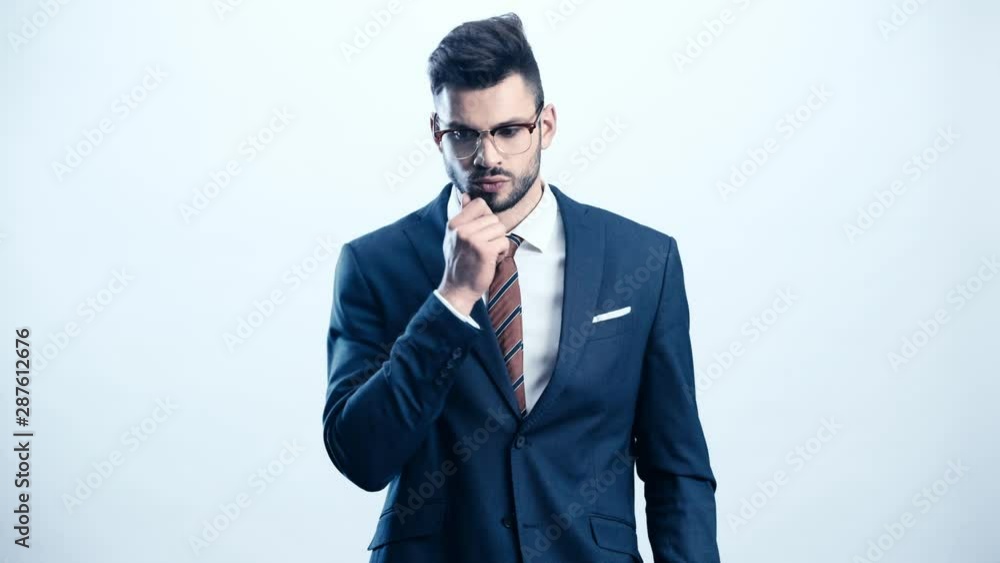 pensive man smiling while having idea on white pensive man smiling while having idea on white