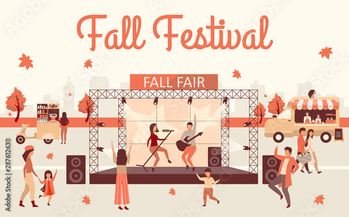 Fall festival flat illustration. Autumn harvest and Thanksgiving day event advertising poster. Fall fair lettering. Rock fest, carnival with street food truck. Musicians on stage cartoon characters
