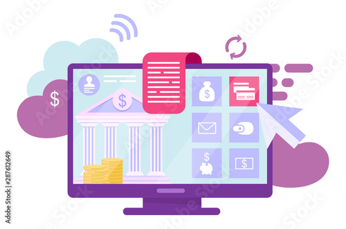 Online banking account flat vector illustration. Digital wallet, ewallet services cartoon concept. Financial management. Ebanking transactions, internet billing system isolated metaphor on white