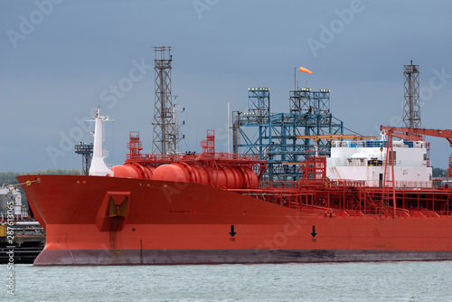 Southampton Water, England, UK. September 2019.  Oil and chemical tanker ship discharging its cargo at a refinery.