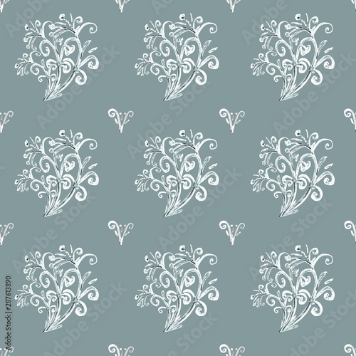 Seamless hand-drawn background. Fancy watercolor pattern with curls, curves, intertwining elements on a calm gray-blue background. For wallpaper, fabric, wrap, decor, print