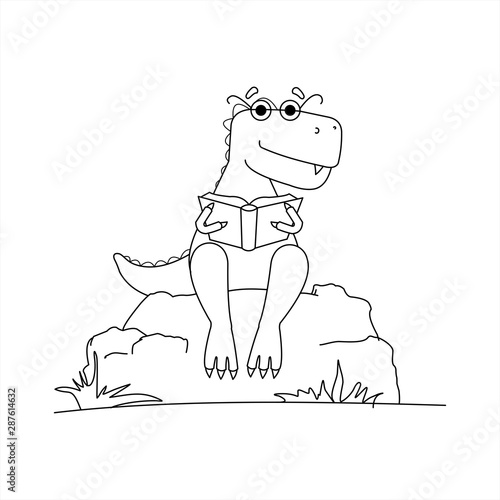 Contour Dinosaur With Glasses Reading a Book. Smart Dinosaur
