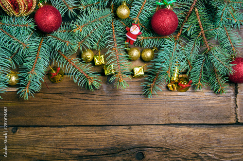 Christmas decoration on wooden background. Top view, copy space